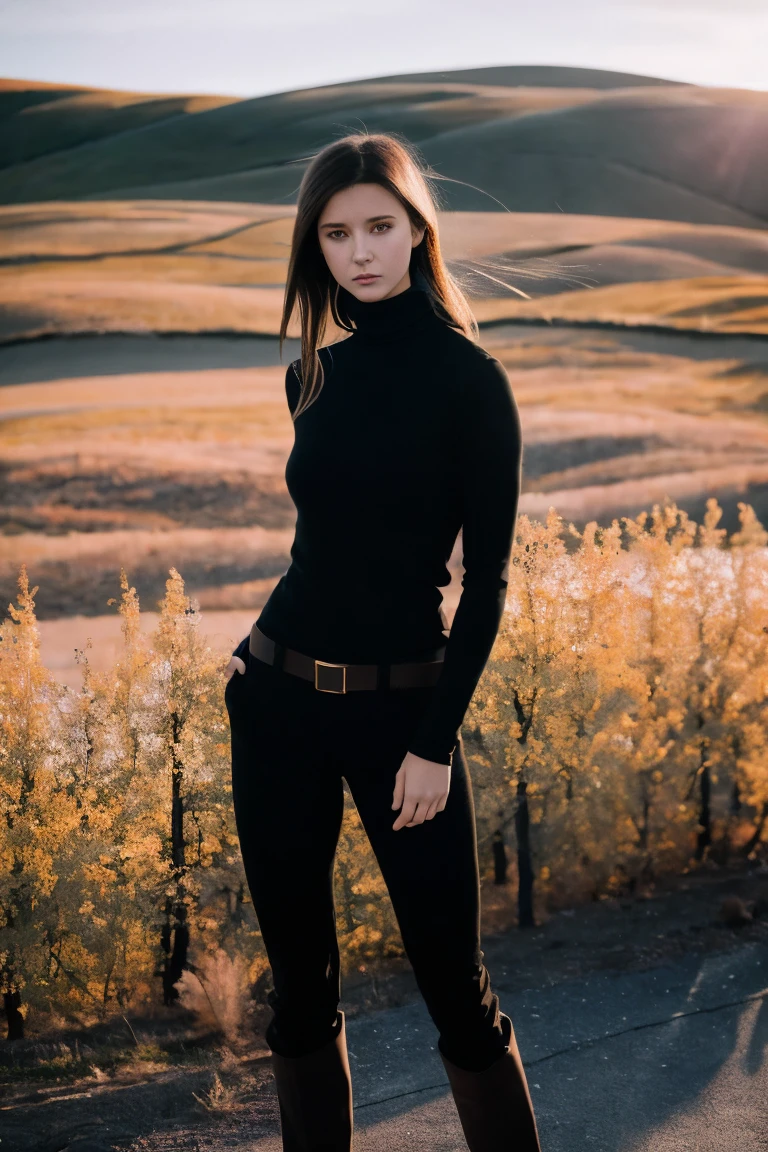 A stunning intricate full color full body of a woman,black turtleneck, shy, epic character composition,by ilya kuvshinov, alessio albi, nina masic,sharp focus, natural lighting, subsurface scattering, f2, 35mm, film grain
