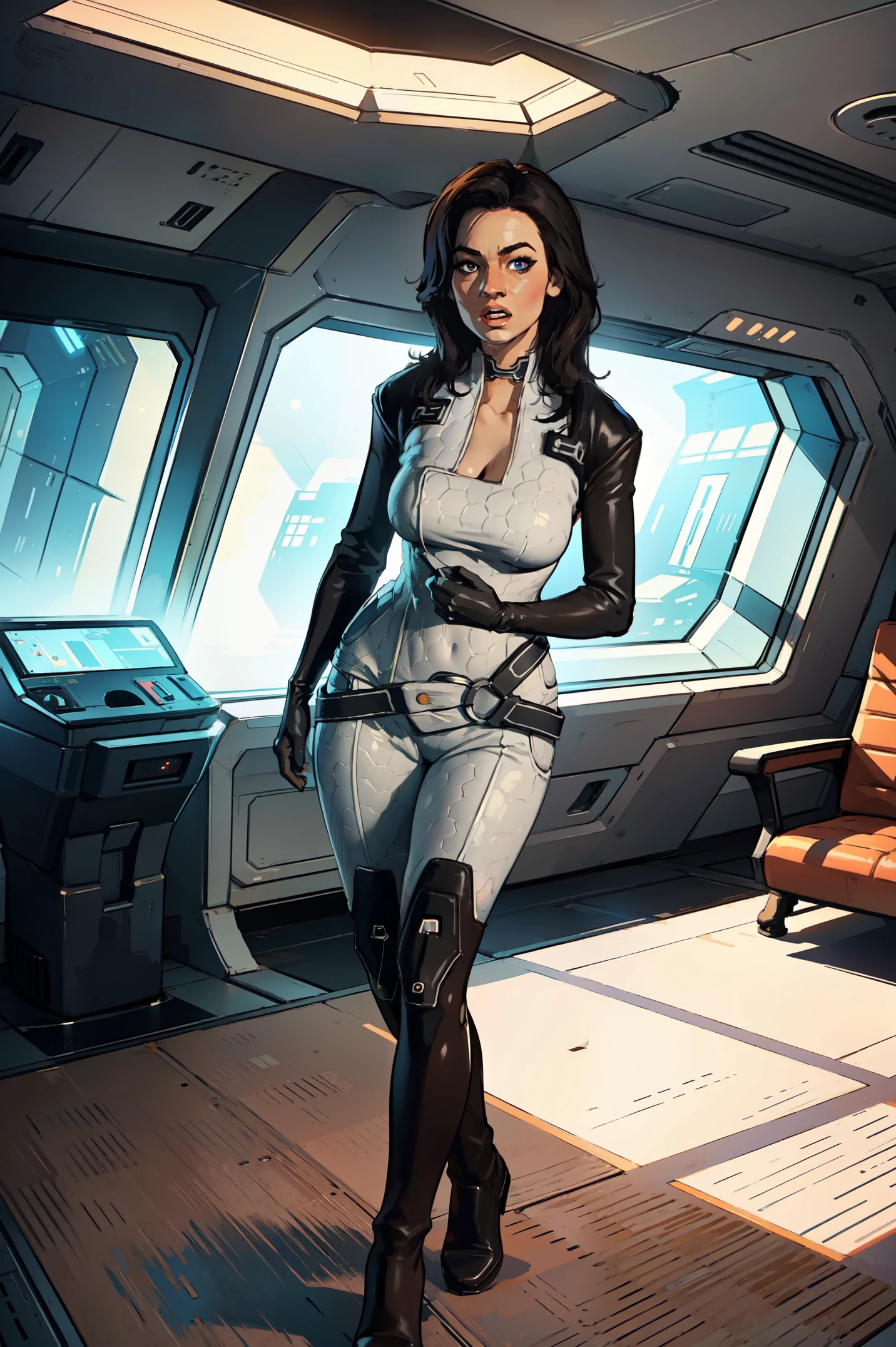 masterpiece, high detailed, best quality, highres:1.2, 1girl, solo, mature girl, Miranda Lawson, black hair, long hair, pretty face, blue eyes, bodysuit, choker, gloves, belt, boots, large breasts, cleavage, looking at viewer, indoors, spaceship interior, bedroom, standing, leaning to the camera, sexy pose, natural feminine hands, natural legs, full body shot, curious expression, opened mouth