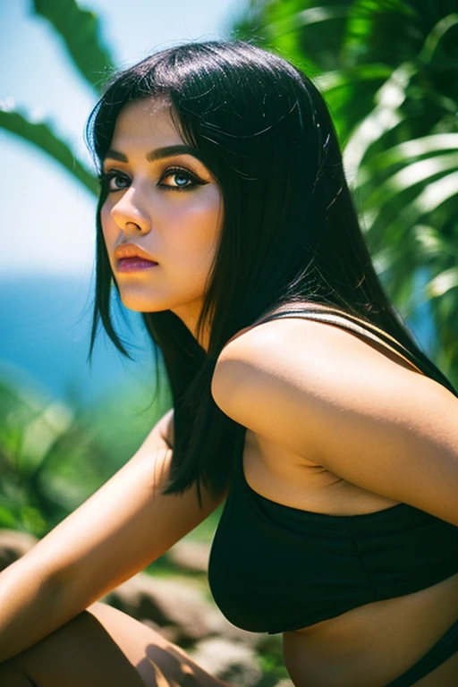 1 egyptian woman, Green eyes, black hair flap, makeups , Upper body, Looking at Viewer, Detailed background, Detailed face, Old Egypt AI, ancient Egypt theme, wild jungle warrior, Obsidian, ((Defensive stance)), Stone knife, Soto, Poisonous plants, boulders, humid climate, darkness, Cinematic atmosphere, dark chamber, Dim light, (Zentangle, mandalas, Tangle, Entangle:0.5) (35mm Style:1.1), front, masutepiece, Films of the 1970s, , Cinematic lighting, (Photorealistic:1.5), More about high frequencies, 35mm Film, (Film grain), Film noise,