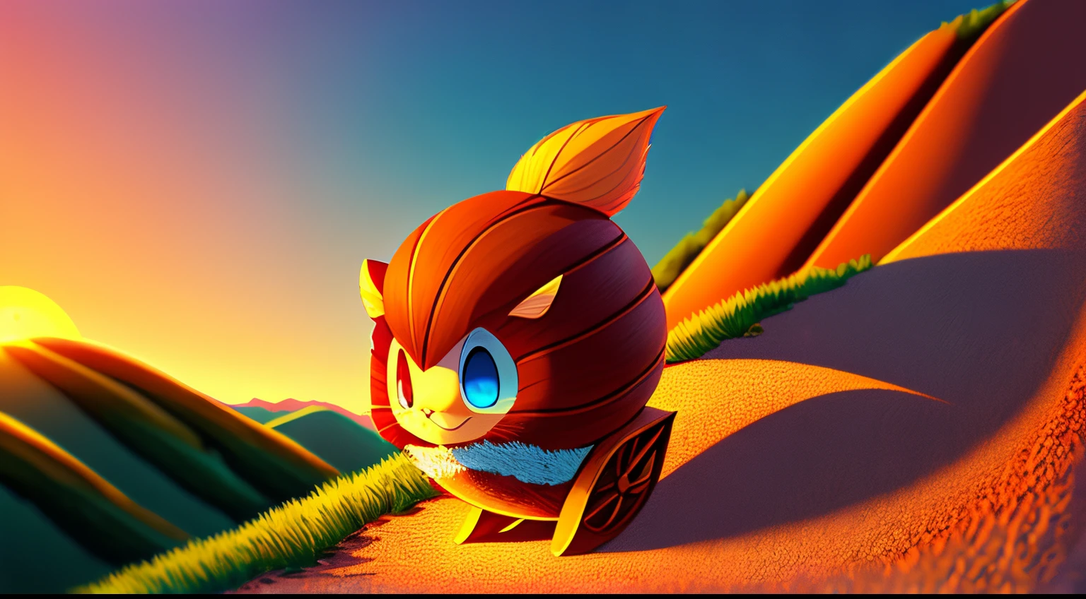 top quality Anime-style colored illustration of an anthropomorphic acorn rolling down a slope. magical hill on blurred background , Sunrise, 3D, 32K, full HDR, Real image,