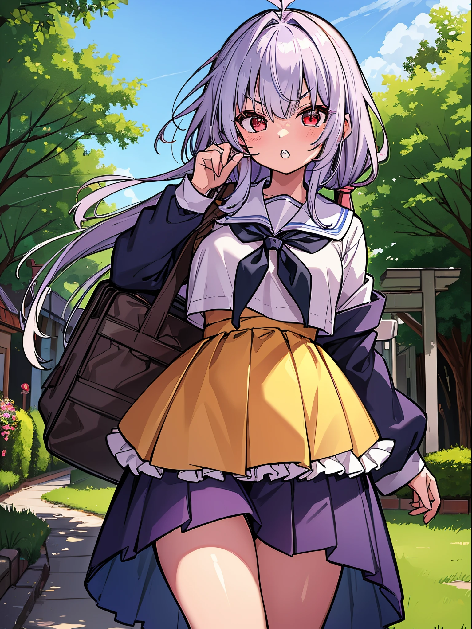 ((masutepiece)), ((Best Quality)), ((hight resolution)), ((the Extremely Detailed CG Unity 8K Wallpapers)), Solo, Tachibana plays, Tan School Uniform, Black skirt, White socks, Outdoors, Face, curtained hair, Beach, parted hair, Silver hair,huge-breasted