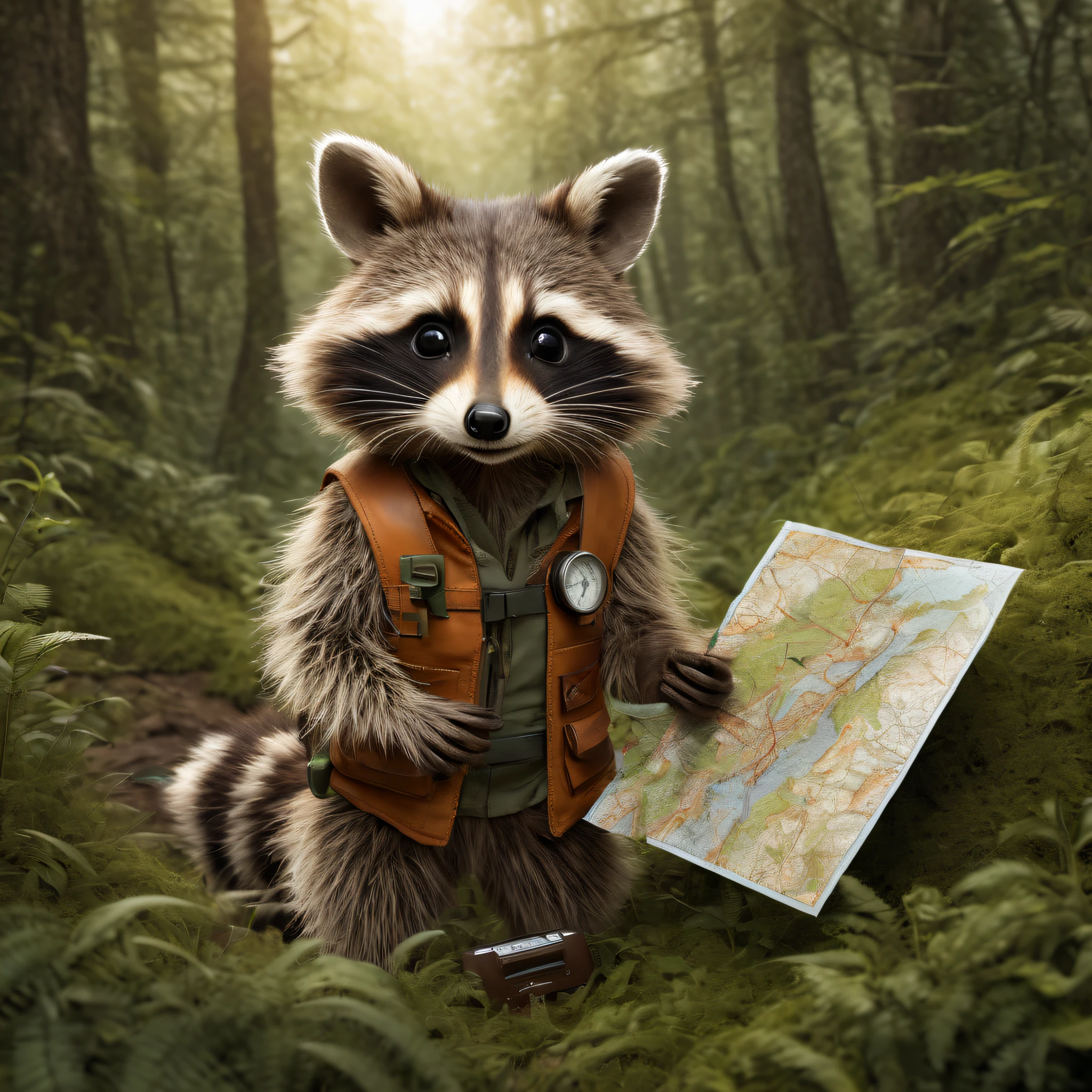 furry male , , Muscular, Realistic fur, detailedbackground, Wilderness background, Little raccoon explorer uses compass and map to navigate different terrains. Composition to catch a rabbit'Curiosity and resourcefulness when exploring the outdoors. Evoking a sense of joy and excitement about the wonders of nature. actual, realistically, hyper realisitc, 8K