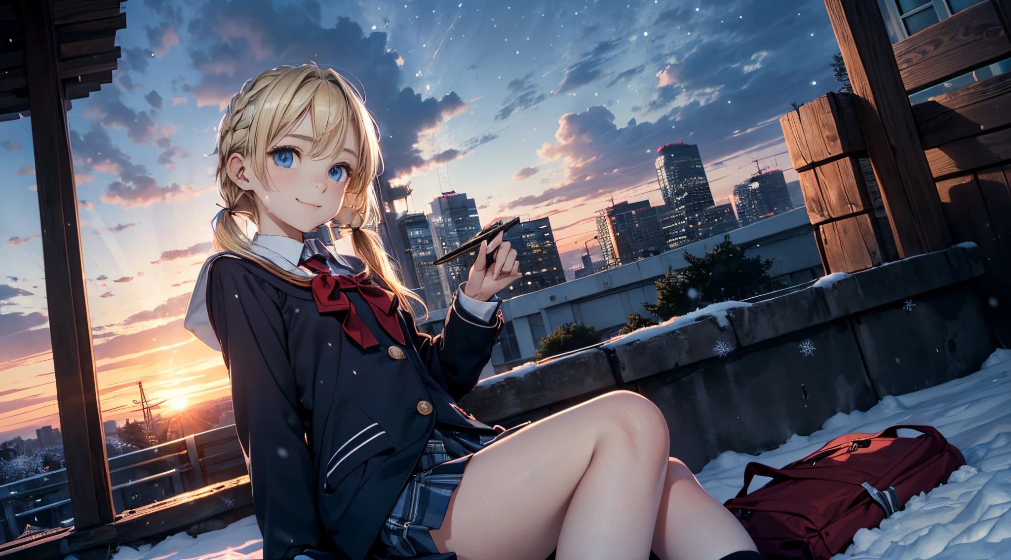 masutepiece,8K,octans, Skysky, stele(Skysky), landscapes, starrysky, natta, looks at the camera, (Legs without stockings:1.iercing gaze, nigh sky, report, plein air, built, clouds, milkyway, 城市, silhuette, Cityscape,(Short, Low twin-tailed blonde hair:1.2), (Deep Blue Eyes:1.iercing gaze, small smile, (winter school uniform:1.1)