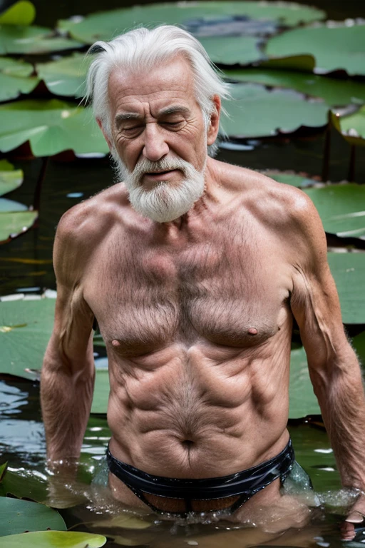 An elder with a long beard and white hair, with a serene face wrinkles, looking producing, body older weak, skinny bones hairy, body naked, his shirt was open to reveal his stomach wrinkles older hairy weak and chest, arms legs neck hands feet skinny old and weak, shy and blushed, Lying in the water,water lily,lotus leaf,Closed eyes,master-piece,4K images,beste-Qualit