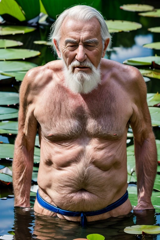 An elder with a long beard and white hair, with a serene face wrinkles, looking producing, body older weak, skinny bones hairy, body naked, his shirt was open to reveal his stomach wrinkles older hairy weak and chest, arms legs neck hands feet skinny old and weak, shy and blushed, Lying in the water,water lily,lotus leaf,Closed eyes,master-piece,4K images,beste-Qualit