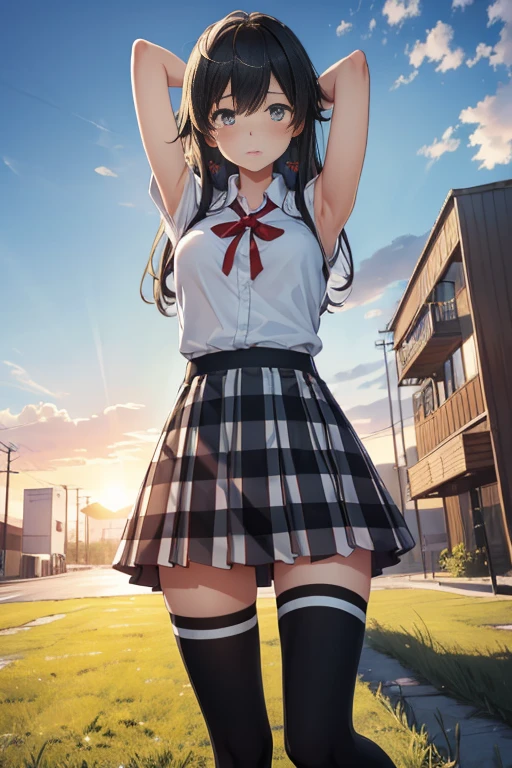 (masterpiece, best quality:1.2), cowboy shot, solo, 1girl, yukinoshita yukino, ((:P1.4)), ((looking at viever:1.4)), ((Sky from below:1.4)), ((full body)), (standing:1.4)), yukinoshita yukino, school uniform, black jacket, plaid skirt, ((thighhighs)), outside, ((blushing:1.4)), ((armpits)), ((hands behind head)), ((black loafers:1.4)), sunny day