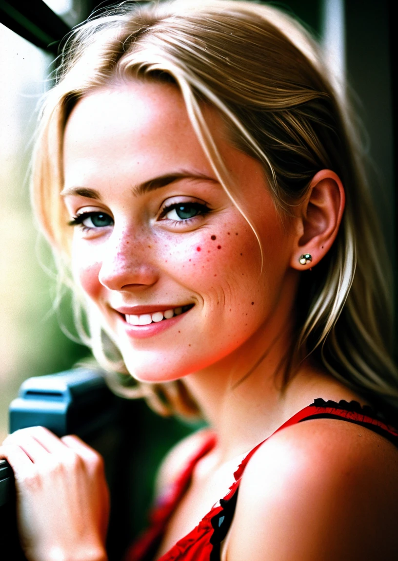 a photo of a dutch blonde woman (smiling:0.98)(old:0.9) standing by a [window | car door | motorbike | tree | kitchen], wearing a loose sundress, 1970aded:1.1), (arm hair, spots, moles, red button nose, round eyes, long hair, frown lineaded, neutral colors, CANON AE-1:1.1, high noise, grainy, film grain, blurry, 32mm, aged photo, raytracing:1.1)