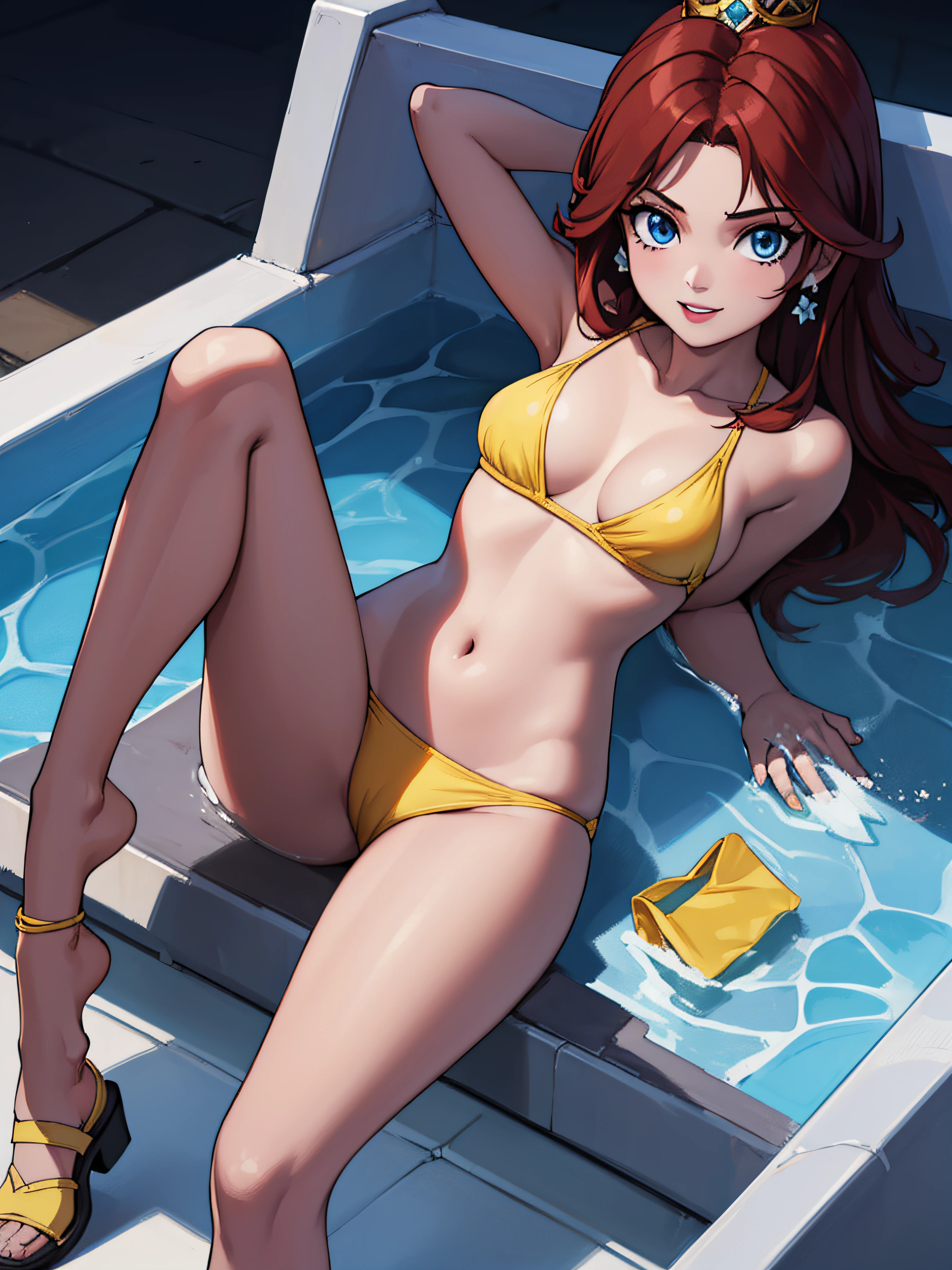 ((high detailed, best quality, 4k, masterpiece, hd:1.3)), (Swimming pool), posing at swimming pool, Princess Daisy, blue eyes, BREAK blue eyes, seductive, attractive, sexy smile, smiling, smooth anime cg art, 36C breasts, long legs, vivid colors, detailed digital art, slim body, perfect skin, dark red hair, long hair, dark hair, red hair, BREAK crown, cleavage, 36C cleavage, looking at viewer, BREAK looking at viewer, extremely detailed face, yellow bikini, small yellow bikini, tiny yellow bikini, yellow thong, original yellow bikini, earrings, gem, dark black makeup lips, dark gothic eyeshadows, dark eyeshadows, black eyeshadows, black sexy lips, black lips, (dark:1.2), dark lips, very dark lips, (perfect hands, perfect anatomy), black makeup, black medium lips, black thick lips, detailed fingers, five fingers per hand, 5 fingers, (1 girl), detailed lips, detailed black lips, black painted lips, gothic painted lips, BREAK night, night sky, sky, star \(sky\), star \(symbol\), space, sun, (breast focus), (arms outstreched at viewer), (from above:1.1), (breasts out:1.3), (off shoulder:1.1),