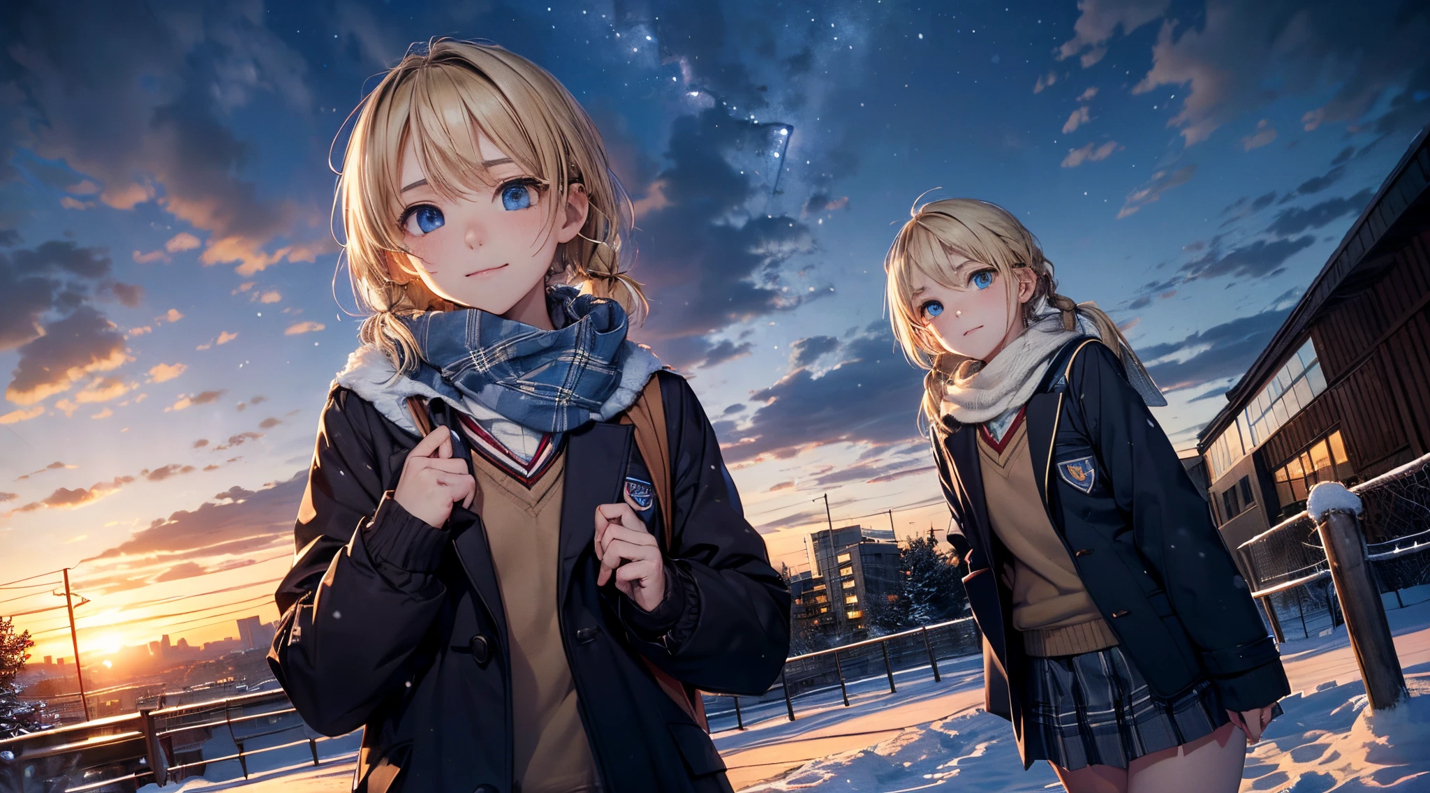masutepiece,8K,octans, Skysky, stele(Skysky), landscapes, starrysky, natta, looks at the camera, (Legs without stockings:1.iercing gaze, nigh sky, report, plein air, built, ​​clouds, milkyway, 城市, silhuette, Cityscape,(Short, Low twin-tailed blonde hair:1.2), (Deep Blue Eyes:1.iercing gaze, small smile, (winter school uniform:1.1)