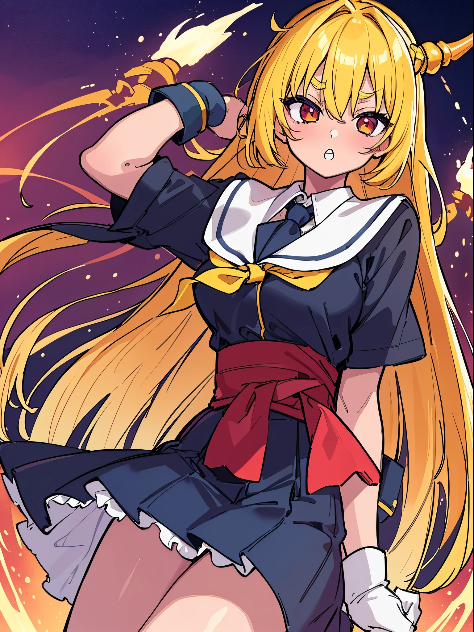 ((a colorful))、(top-quality、hight resolution、masterpiece:1.2)。golden skin、silber hair、hi-school girl、Odango Hair、accessorized、droopy eyebrows、double tooth、canine teeth、Fleshy lips、well-muscled、After-school classroom、red blush、gals、Loose Socks、piece、show the grinps、Background with:Lively scenery at the school festival、Backgrounds with depth