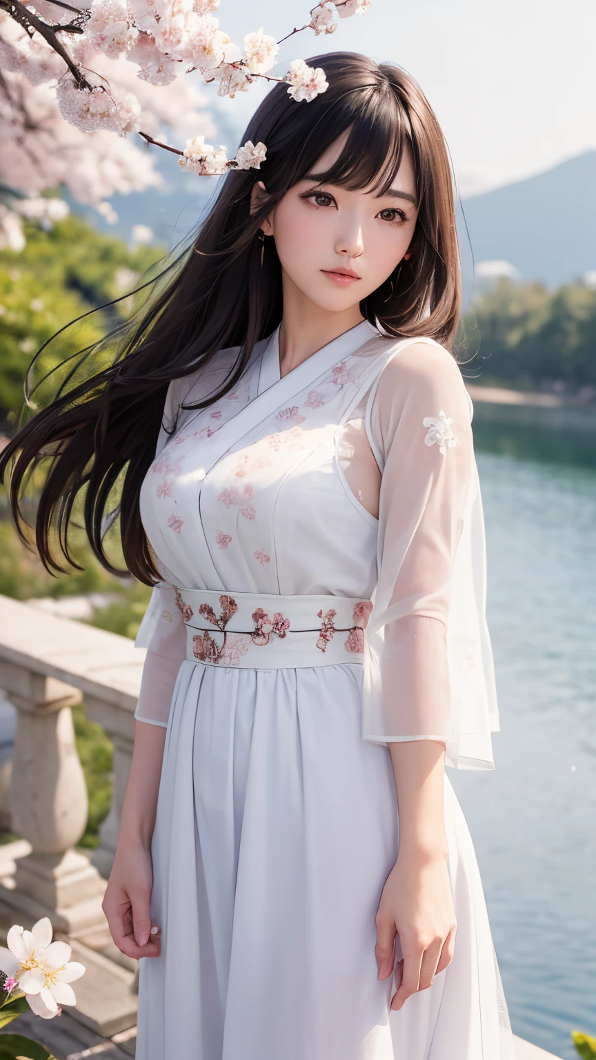 (A logo、masterpiece、8K、masutepiece、Raw photo、Fantastic、Best Quality、Photorealistic and highly detailed CG integrated 8K wallpaper、hightquality、ighly detailed、epic poem、Particle effect、Dynamic effects、depth of fields、Cinematic Light、Lens Flare、Ray tracing)、Fantasia、 (Beauty 1 person、White Japanese Clothing、Japanese dress、White cherry blossom pattern、White cherry blossom embroidery pattern、A dark-haired、Beautiful face、Real Face、beautiful details eyes beautiful skin)、Hair flutters in the wind、Hair jumps、Pink cherry blossom tree、Petals flutter、Sakura blizzard、Superb view、morning glow、Sun in the background、the wind、Deities、tusk、myth、Vast Land、