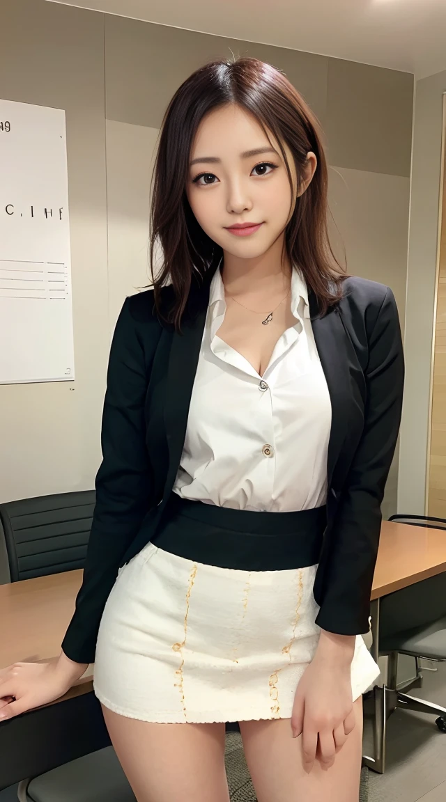 masutepiece, Best Quality, Illustration, Ultra-detailed, finely detail, hight resolution, 8K Wallpaper, Perfect dynamic composition, Beautiful detailed eyes, Office Lady Suit,Shorthair,small tits,Natural Color Lip, Suitold'sexy pose,Smile,Shinjuku、20 years girl、Cute、Sexy shot looking at camera、Black tight mini skirt、Black miniskirt