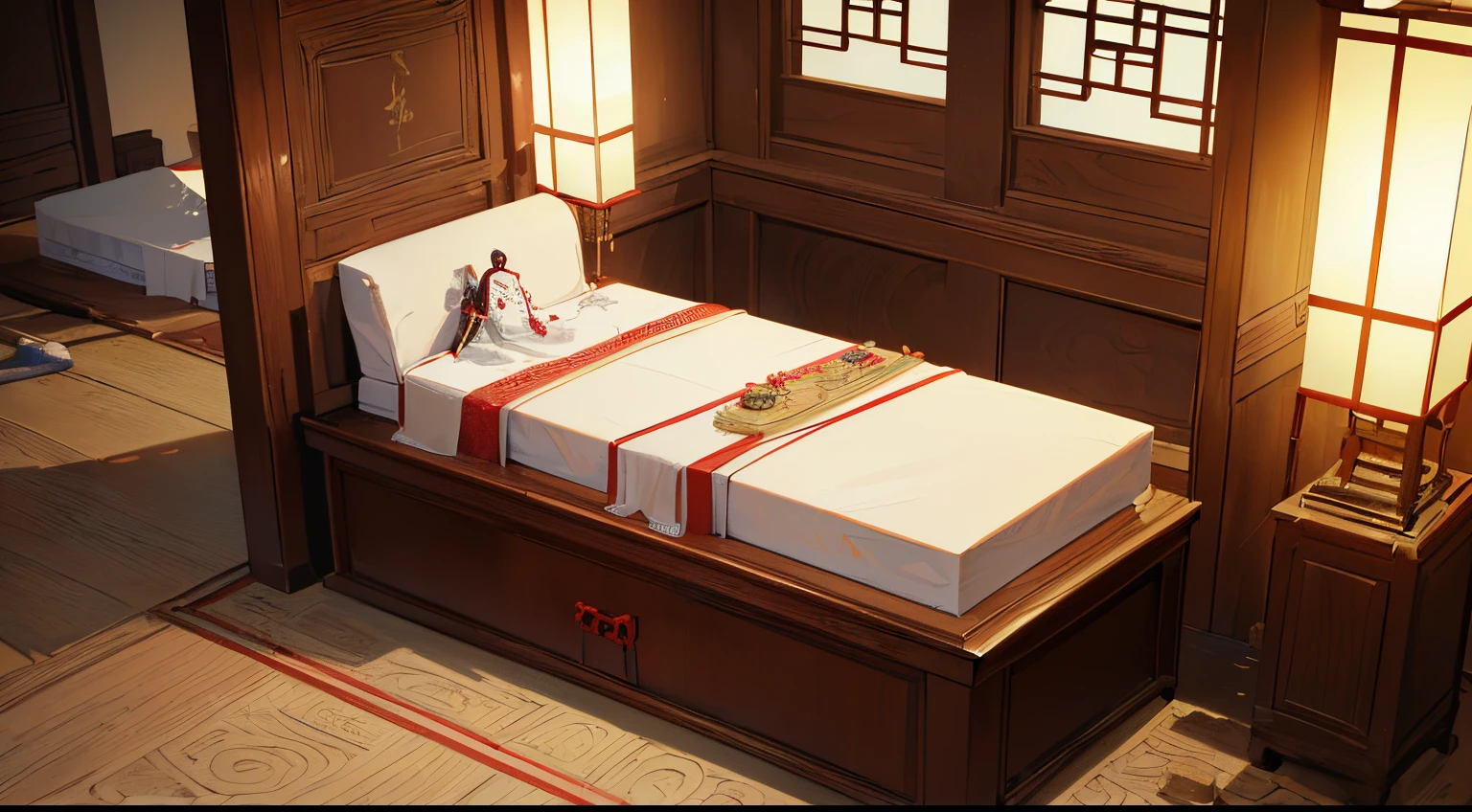 (Best quality,4K,A high resolution,tmasterpiece:1.2)Ancient Chinese style,Antique house hall ,A lot of white cloth strips were hung as decoration,There are three coffins in the middle of the hall,The coffin is decorated with braziers and ceremonial objects.Spooky and terrifying,Funeral,The atmosphere is oppressive。