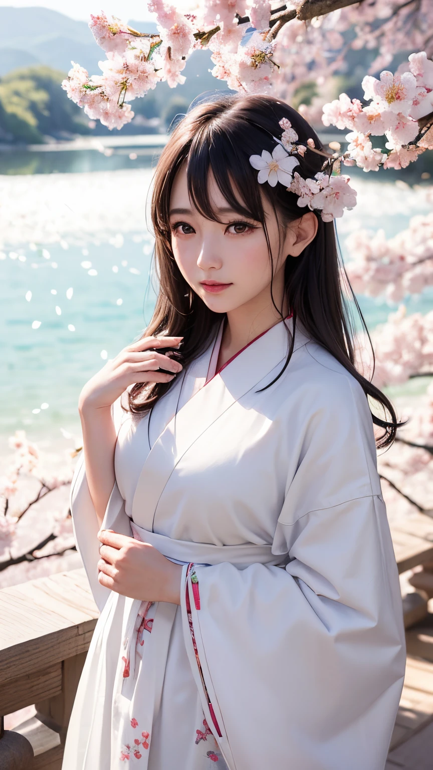 (A logo、masterpiece、8K、masutepiece、Raw photo、Fantastic、Best Quality、Photorealistic and highly detailed CG integrated 8K wallpaper、hightquality、ighly detailed、epic poem、Particle effect、Dynamic effects、depth of fields、Cinematic Light、Lens Flare、Ray tracing)、Fantasia、 (Beauty 1 person、White Japanese Clothing、Japanese dress、White cherry blossom pattern、White cherry blossom embroidery pattern、A dark-haired、Beautiful face、Real Face、beautiful details eyes beautiful skin)、Hair flutters in the wind、Hair jumps、Pink cherry blossom tree、Petals flutter、Sakura blizzard、Superb view、morning glow、Sun in the background、the wind、Deities、tusk、myth、Vast Land、