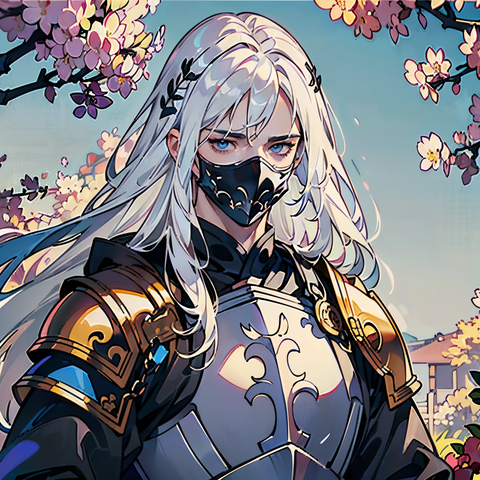 adult muscular man with long white hair and a bandage on his face, portrait of an adult man with white long hair, (portraite of a), ((beste-Qualit, hight resolution, ultradetailed), bright colours, ((((1 male)))), grown up, tall muscular guy, wide shoulders, Fantasy, dnd, Aasimar, person, the angel of death, black wings, White Smooth Face Mask, ((face mask)), Mask on the whole face, Hides Eyes, hides the face, White long hair, white colored hair, slick hair, straight hair, Chain mail, chain mail armor, Fantasy armor, cinematic  composition, Creating an atmospheric atmosphere, knight, paladin, PaladinOathbreaker, Gothic armor, Full-length portrait of a mysterious knight, Wearing heavy armor, pale skin, macabre, Gloomy design, Has red smoke and aura, evil knight, Fallen Knight, eldritch, Creepy, nightmarish, Epic Angel Wings, light around the head, red torn cloak, Additional lighting, whitebackground, tarot card, abstract patterns on the background, Lilac bushes, lilac, Sakura, japanese background, Nature in the background