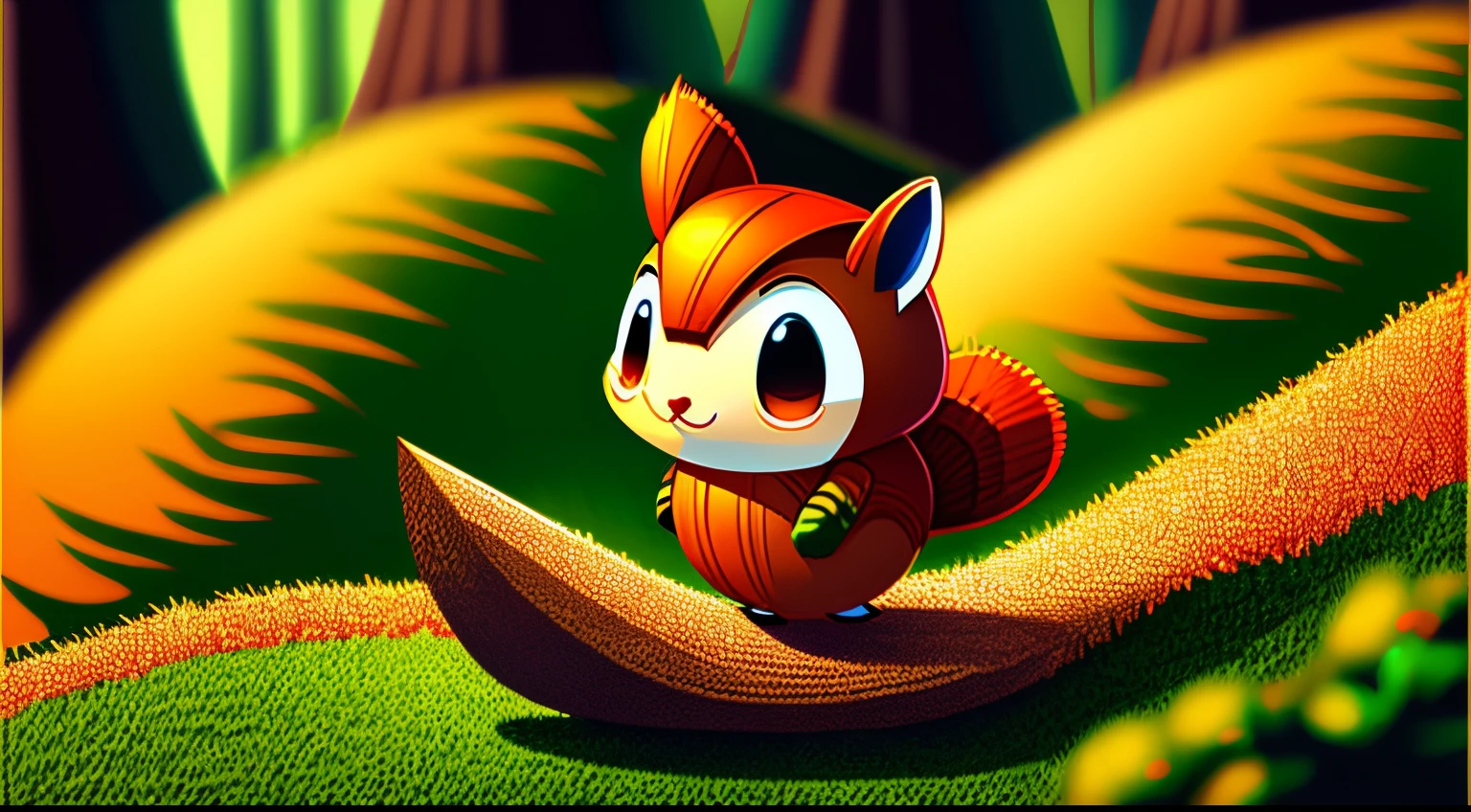 top quality comic-style colored illustration of an anthropomorphic acorn rolling down a slope. mysty forest on blurred background , 3D, 32K, full HDR, Real image,