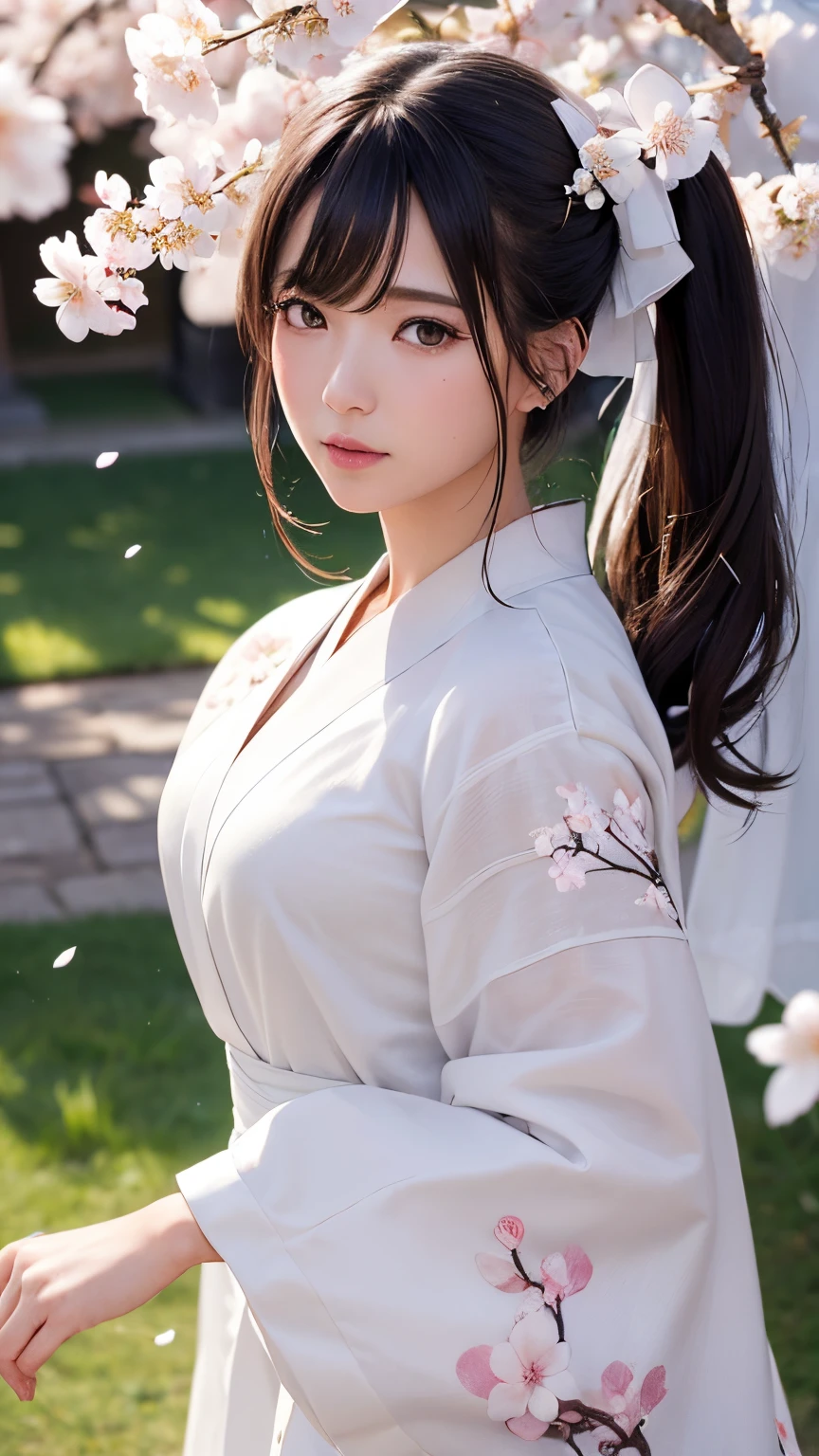 (A logo、masterpiece、8K、masutepiece、Raw photo、Fantastic、Best Quality、Photorealistic and highly detailed CG integrated 8K wallpaper、hightquality、ighly detailed、epic poem、Particle effect、Dynamic effects、depth of fields、Cinematic Light、Lens Flare、Ray tracing)、Fantasia、 (Beauty 1 person、White Japanese Clothing、Japanese dress、White cherry blossom pattern、White cherry blossom embroidery pattern、A dark-haired、Beautiful face、Real Face、beautiful details eyes beautiful skin)、Hair flutters in the wind、Hair jumps、Pink cherry blossom tree、Petals flutter、Sakura blizzard、Superb view、morning glow、Sun in the background、the wind、Deities、tusk、myth、Vast Land、