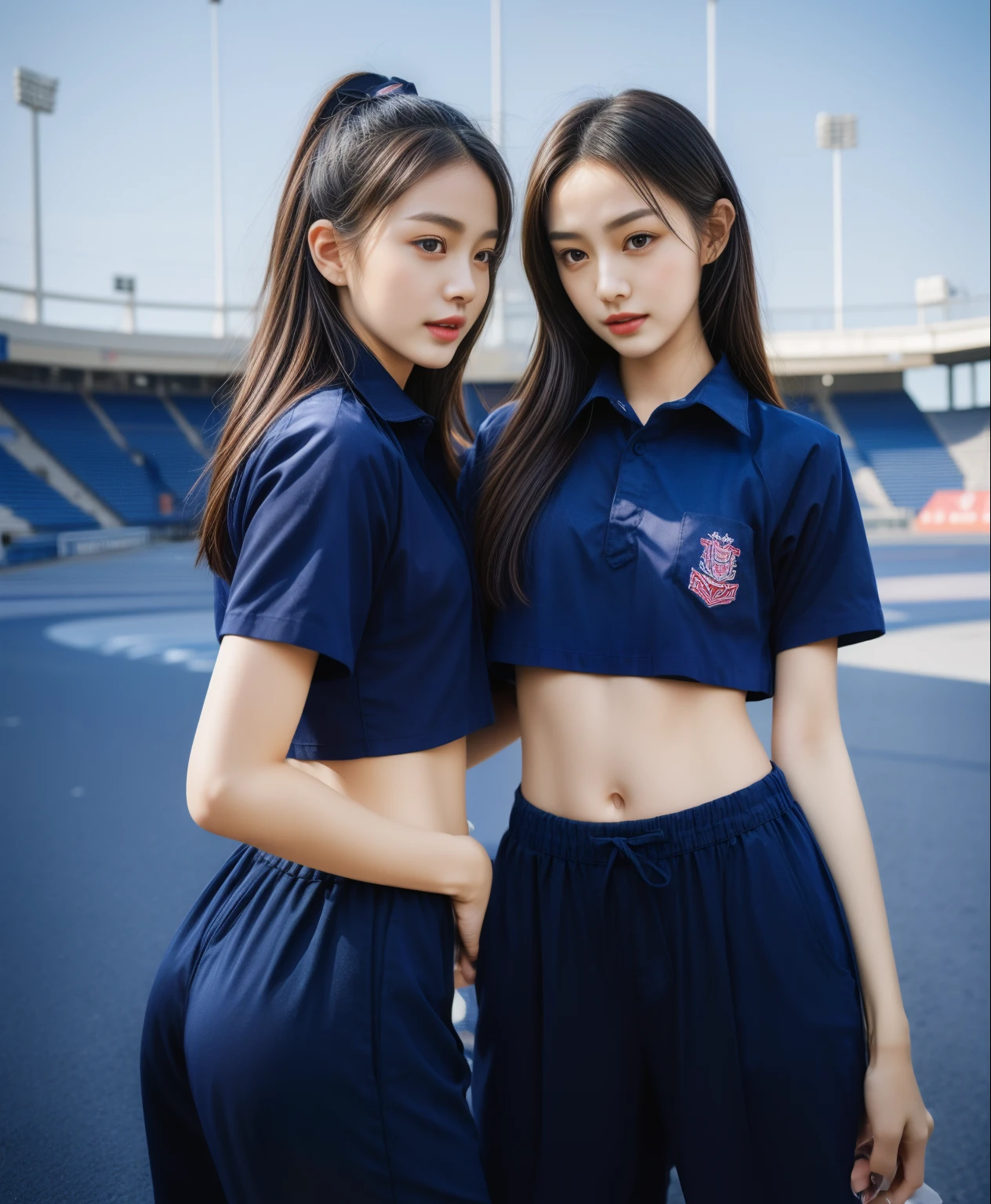 (bestquality,10,10,highres,masterpiece:1.2),ultra-detail,(Realistic,photorealistic portrait,photo-realistic:1.37),1 Cute girl in the football field,oily shiny skin,bara,light smile,BDclothelue shirt:1.3)),short sleeves,shirt, trousers.,(navy_long_Pants Track:1.1), ((Stadium Background:1.3)),dynamic angle,excited,face focus,Dynamic Poses,from behide,Ass Focus,masterpiece, bestquality, ultra realistic, hyper-detail, 8k resolution, RAW photo, crisp focus, ((Navy blue shirt:1.1)), short sleeves, Long Path, Perfect body, 2 mature women, 18yo, cinematic light,Blue sweatpants,Gymware,Correct anatomy,Complete body, Correct body, sharp face, Anatomically correct body, full entire body, Realistic gestures, long-haired, Realistic poses,Wear long shorts....................................,Long leg span,Shapely,Sculpting Girl, Slender Figure, mannequin mannequins, Shapely, Beautiful body,Blue sweatpants, Two girls kissing