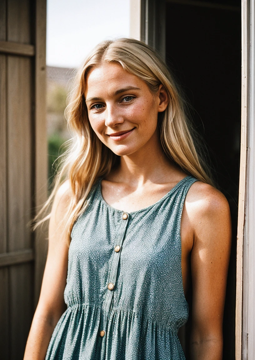 a photo of a dutch blonde woman (smiling:0.98)(old:0.9) standing by a [window | car door | motorbike | tree | kitchen], wearing a loose sundress, 1970aded:1.1), (arm hair, spots, moles, red button nose, round eyes, long hair, frown lineaded, neutral colors, CANON AE-1:1.1, high noise, grainy, film grain, blurry, 32mm, aged photo, raytracing:1.1)