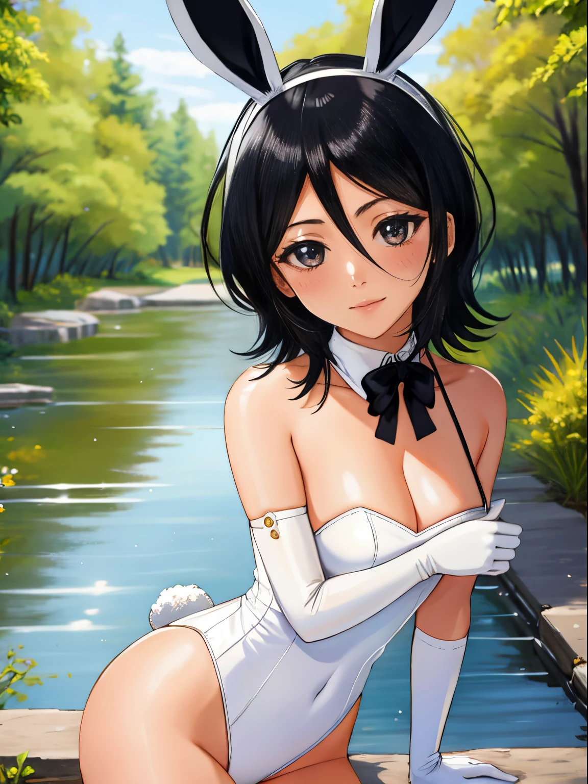 Rukia kuchiki, black hair,1girl, solo, small breasts, looking at viewer, blush, large breasts, nature, pond, trees, park, long white elbow satin gloves, holding, animal ears, cleavage, bare shoulders, jewelry, very l, gentle smile, pantyhose, earrings, rabbit ears, blue leotard, fake animal earunny, long white gloves