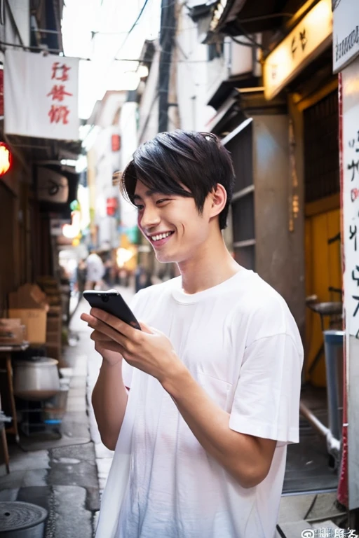 Handsome is a 22 year old Japanese man.,Smiling and absorbed in his smartphone,wearing white t-shirts,Handsome man