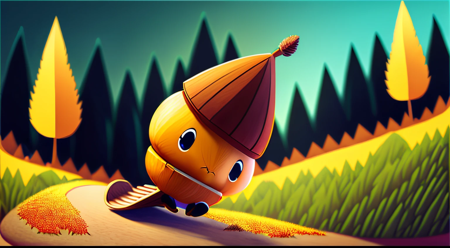 top quality comic-style colored illustration of an anthropomorphic acorn rolling down a slope.  mysty forest on blurred background , 3D, 32K, full HDR, Real image,