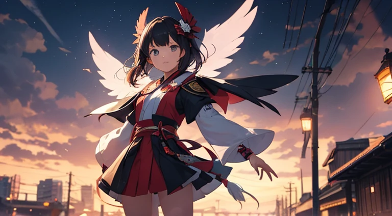 A girl raised by a tengu、possesses superpowers、Tie a seal on a cedar tree、cause thunder and storms、my daughter is beautiful、Dressed in a crow tengu costume。Transparent skin shines in the evening darkness