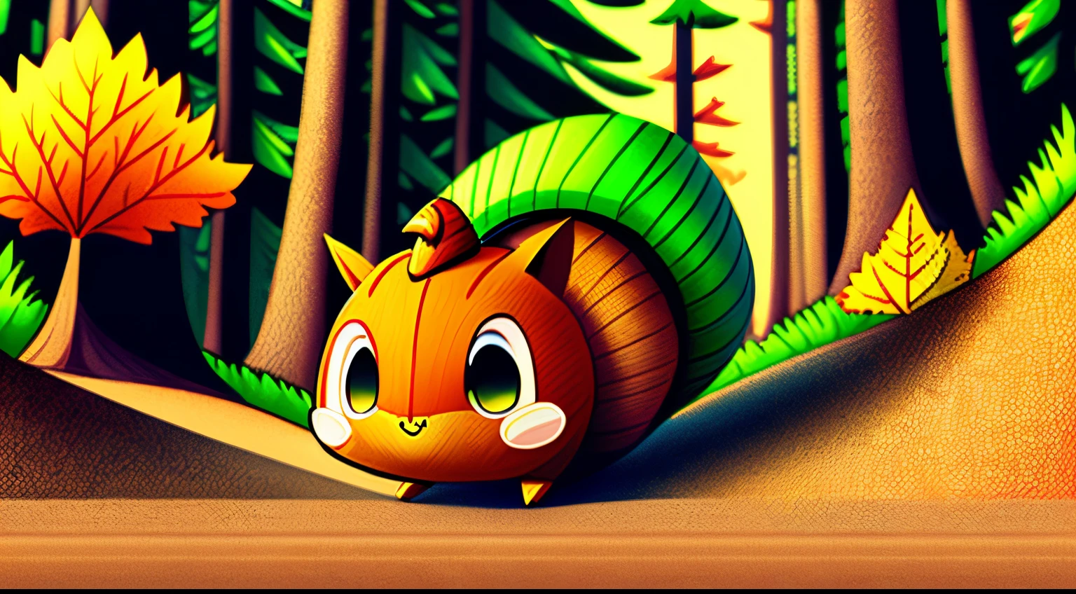 top quality comic-style colored illustration of an anthropomorphic acorn rolling down a slope. mysty forest on blurred background , 3D, 32K, full HDR, Real image,
