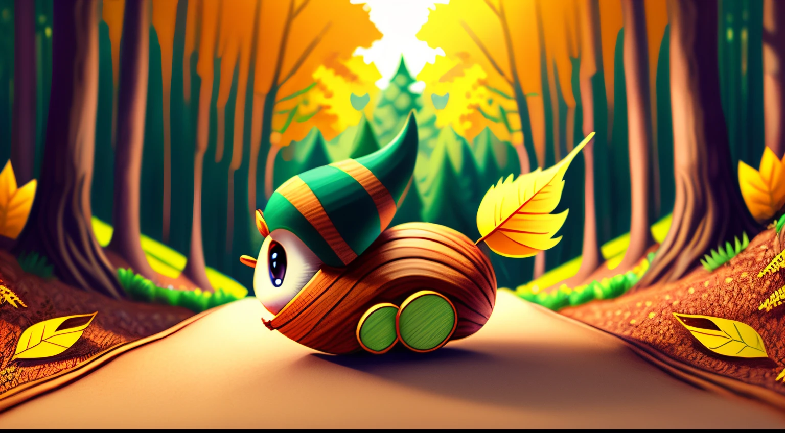 top quality comic-style colored illustration of an anthropomorphic acorn rolling down a slope.  mysty forest on blurred background , 3D, 32K, full HDR, Real image,