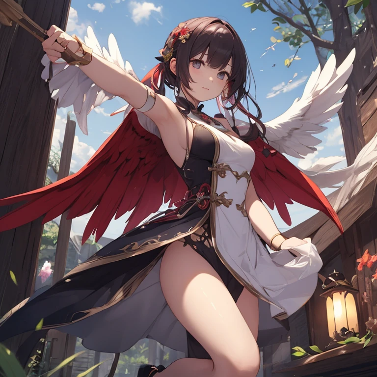 A girl raised by a tengu、possesses superpowers、Tie a seal on a cedar tree、cause thunder and storms、my daughter is beautiful、Dressed in a crow tengu costume。Transparent skin shines in the evening darkness