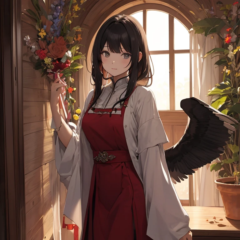A girl raised by a tengu、possesses superpowers、Tie a seal on a cedar tree、cause thunder and storms、my daughter is beautiful、Dressed in a crow tengu costume。Transparent skin shines in the evening darkness