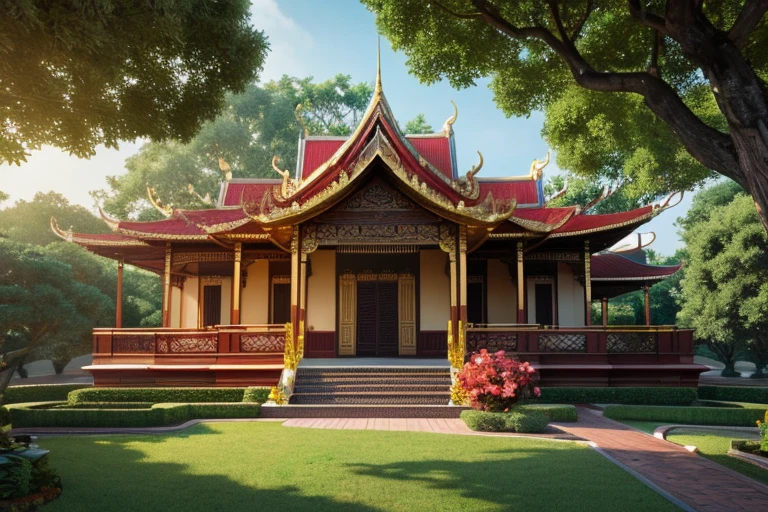**Main parts, bestquality, (CG 8k wallpaper unit with great detail.), (bestquality), (best illustration), (Best shades), A spirit of ingenuity, rin , Thai Palace and Thai Temple in the Sky, Surrounded by trees, Leaves and branches, 。... . .3D, Crush the octane number., ray tracing, Super Detailed,Virtual reality,thai temple,Thai Palace