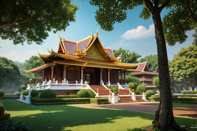 **Main parts, bestquality, (CG 8k wallpaper unit with great detail.), (bestquality), (best illustration), (Best shades), A spirit of ingenuity, rin , Thai Palace and Thai Temple in the Sky, Surrounded by trees, Leaves and branches, 。... . .3D, Crush the octane number., ray tracing, Super Detailed,Virtual reality,thai temple,Thai Palace