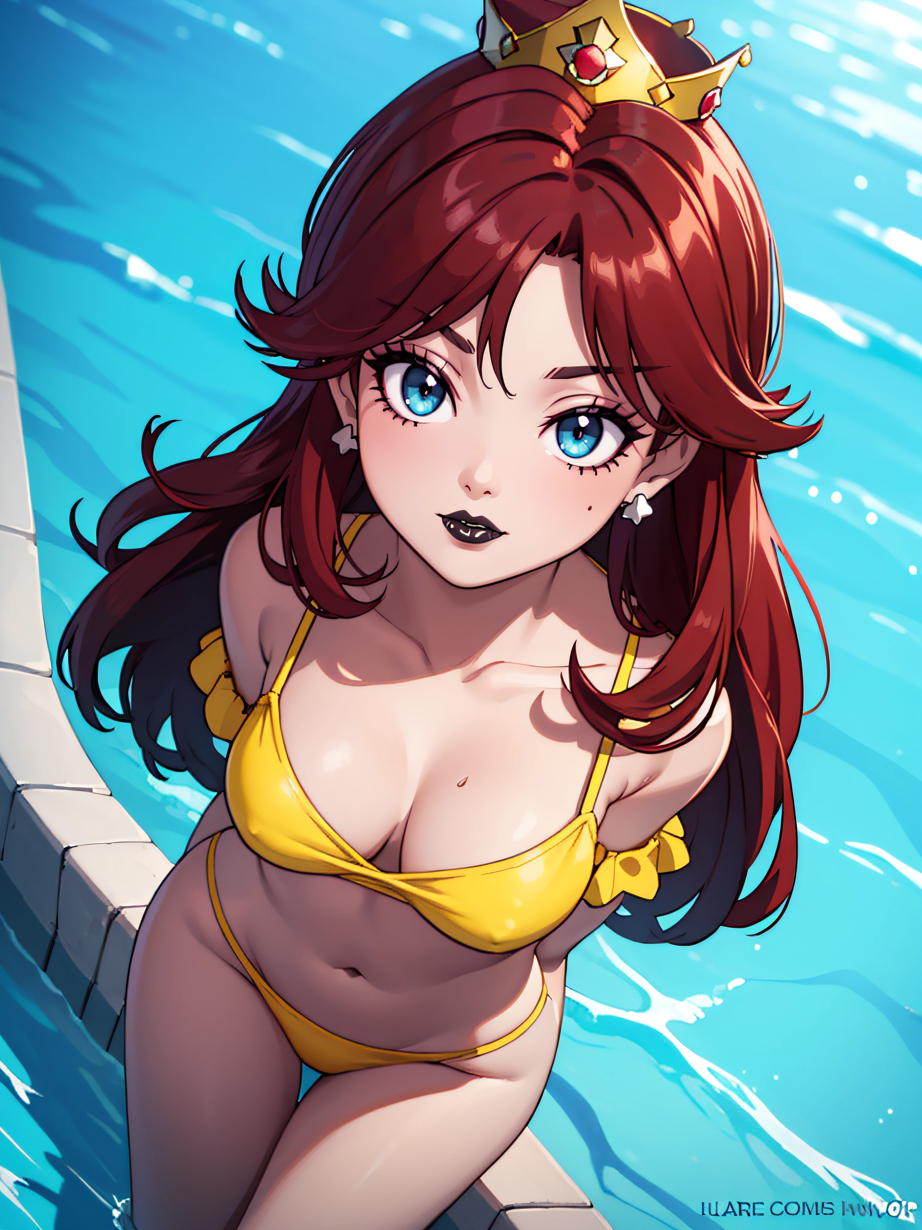 ((high detailed, best quality, 4k, masterpiece, hd:1.3)), (Swimming pool), posing at swimming pool, Princess Daisy, blue eyes, BREAK blue eyes, seductive, attractive, sexy smile, smiling, smooth anime cg art, 36C breasts, long legs, vivid colors, detailed digital art, slim body, perfect skin, dark red hair, long hair, dark hair, red hair, BREAK crown, cleavage, 36C cleavage, looking at viewer, BREAK looking at viewer, extremely detailed face, yellow bikini, small yellow bikini, tiny yellow bikini, yellow thong, original yellow bikini, earrings, gem, dark black makeup lips, dark gothic eyeshadows, dark eyeshadows, black eyeshadows, black sexy lips, black lips, (dark:1.2), dark lips, very dark lips, (perfect hands, perfect anatomy), black makeup, black medium lips, black thick lips, detailed fingers, five fingers per hand, 5 fingers, (1 girl), detailed lips, detailed black lips, black painted lips, gothic painted lips, BREAK night, night sky, sky, star \(sky\), star \(symbol\), space, sun, (breast focus), (arms outstreched at viewer), (from above:1.1), (breasts out:1.3), (off shoulder:1.1),