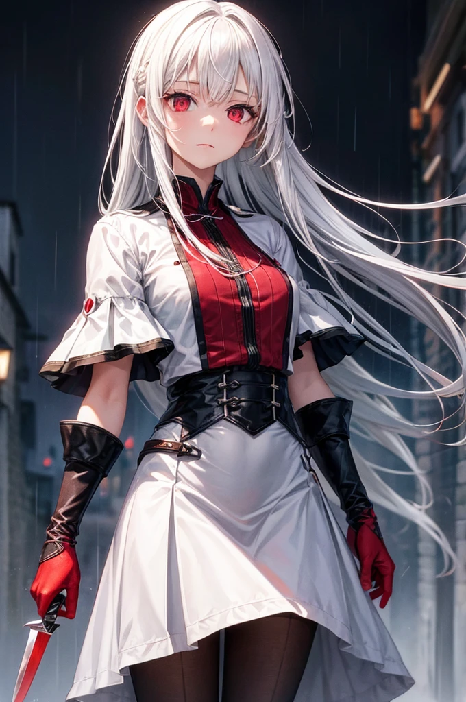 Women,whitehair,murderer,rainy background,Calm and calm,Red eyes,Knife holder