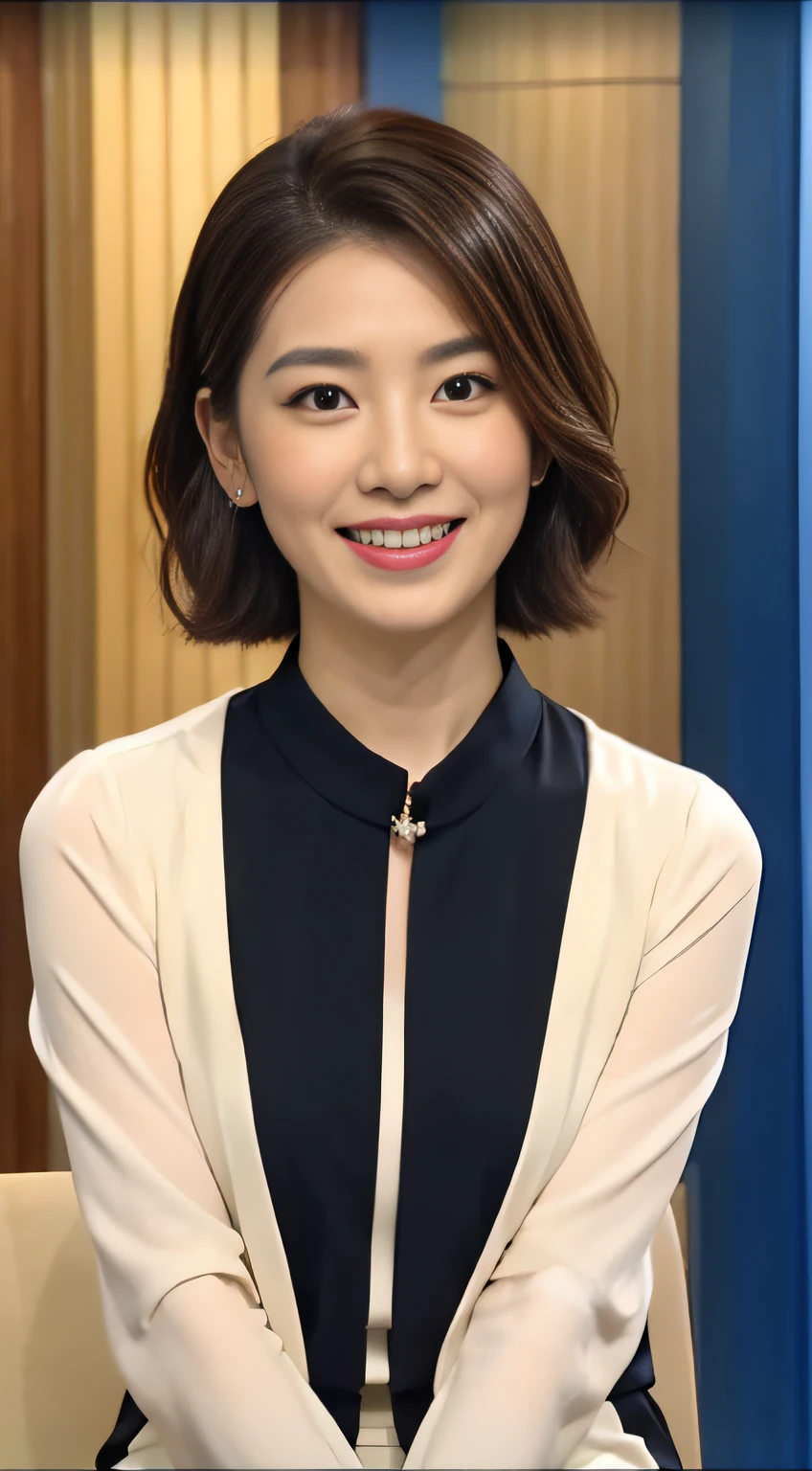 The highest image quality、超高分辨率、1 girl in、Beautiful face、Short hair details､The announcer wears a tight long-sleeved suit、Sit in the studio, Charmaine Yu