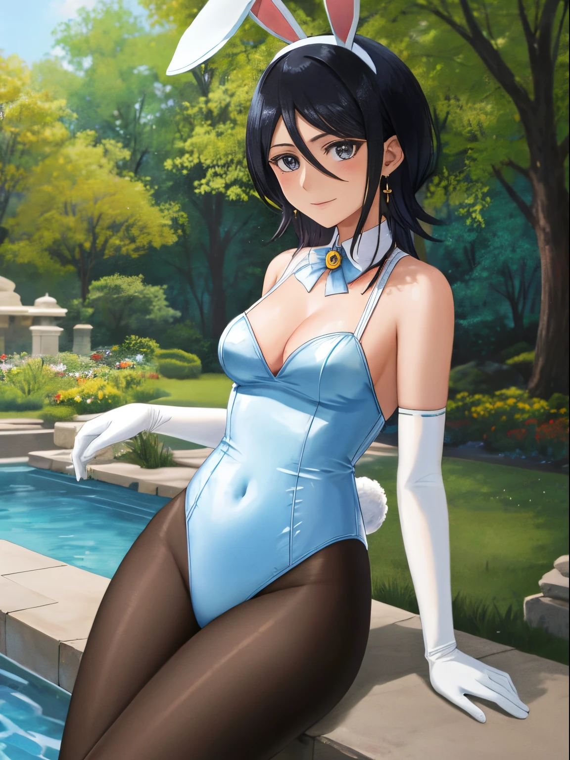 Rukia kuchiki, 1girl, solo, small breasts, looking at viewer, blush, large breasts, nature, pond, trees, park, long white elbow satin gloves, holding, animal ears, cleavage, bare shoulders, jewelry, very l, gentle smile, pantyhose, earrings, rabbit ears, blue leotard, fake animal earunny, long white gloves