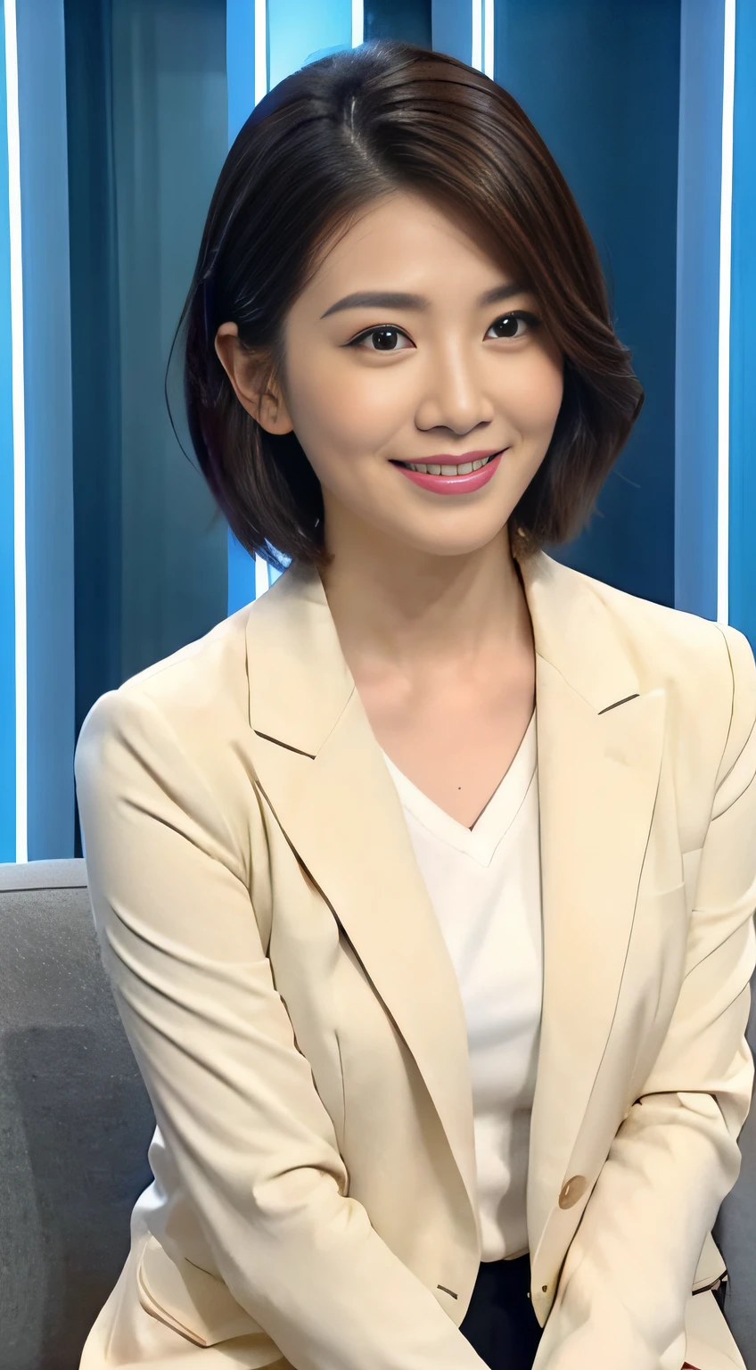 The highest image quality、超高分辨率、1 girl in、Beautiful face、Short hair details、The announcer wears a tight long-sleeved suit、Sit in the studio, Charmaine Yu