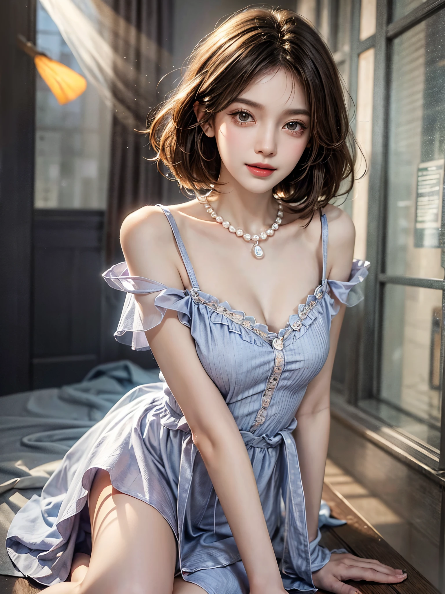 Special clothes53,dress, fashi-girl, red lips, mature female, makeup,((knee shot)),((((masterpiece, best quality, high resolution)))), Extremely detailed 8K, Beautiful girl with voluptuous body, (Ultra HD, Ultra-detailed, Highly detailed, Highly realistic, Ultra-realistic, photograph realistic), (1girl:1.5), (Realistic black hair), short wavy hair, bob cut, (dynamic poseacing at camera, light smile, parted lips, (beautiful detailed face, beautiful detailed eyes), sweat, glow, (sunbeam, sunlight)
