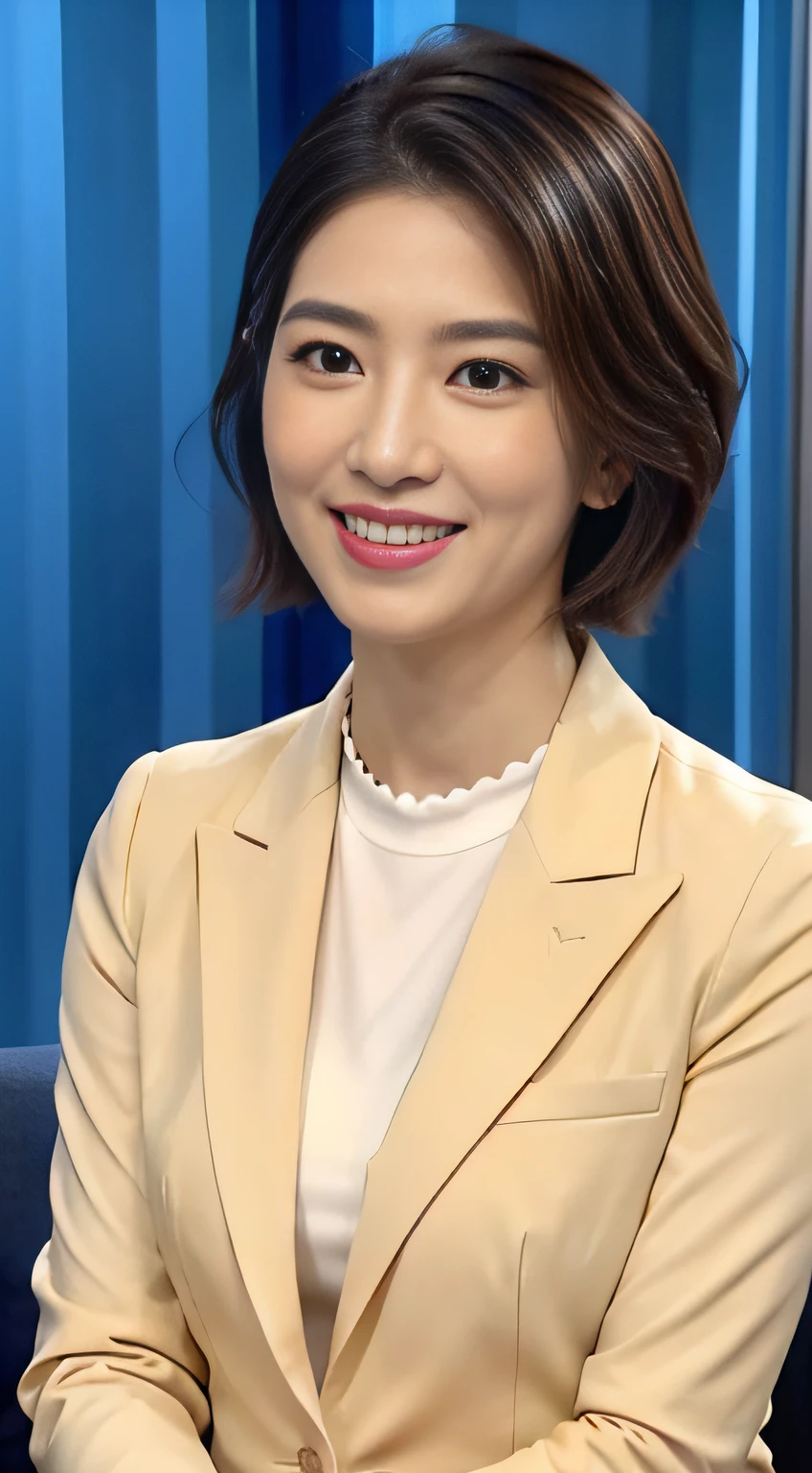 The highest image quality、超高分辨率、1 girl in、Beautiful face、Short hair details､The announcer wears a tight long-sleeved suit、Sit in the studio, Charmaine Yu