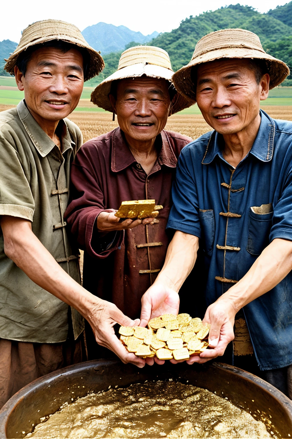 A group of old Chinese farmers wearing dirty and torn clothes holding gold bars in their hands。The environment is dirty,Everyone is happy and tall,Perfect facial features,Perfect hands,超高分辨率