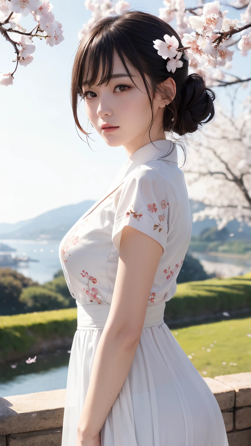 (A logo、​masterpiece、8K、masutepiece、Raw photo、Fantastic、Best Quality、Photorealistic and highly detailed CG integrated 8K wallpaper、hightquality、ighly detailed、epic poem、Particle effect、Dynamic effects、depth of fields、Cinematic Light、Lens Flare、Ray tracing)、Fantasia、 (Beauty 1 person、White Japanese Clothing、Japanese dress、White cherry blossom pattern、White cherry blossom embroidery pattern、A dark-haired、Beautiful face、Real Face、beautiful details eyes beautiful skin)、Hair flutters in the wind、Hair jumps、Pink cherry blossom tree、Petals flutter、Sakura blizzard、Superb view、morning glow、Sun in the background、the wind、Deities、tusk、myth、Vast Land、