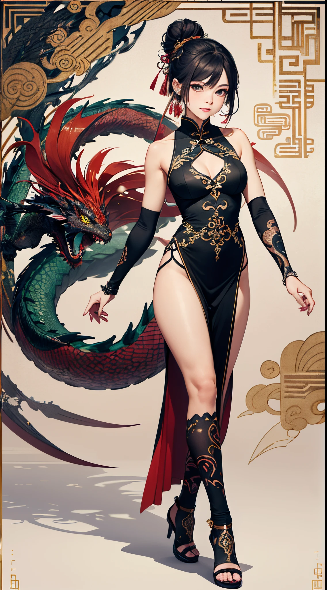 masterpiece, highres, ultra detailed, (ultra-detailed background, detailed background), green dragon girl, 1girl, monstergirl, dragon like girl with dragon tail, perfect face, long black hair, chinese haircut, hair bun, red and golden color of dress, detailed face, detailed hands, detailed body, detailed eyes, symbol of the year, Chinese lunar calendar, (zentangle:1.2), (geometric:1.2), colorful, full body, girl smoking tube, ((sexy walking pose to the viewer)), traditional Chinese clothes, dragon scales on body, stars on background, muscular body, perfect athletic fit body, Chinese ornaments tattoos, dragon-girl of Chinese culture