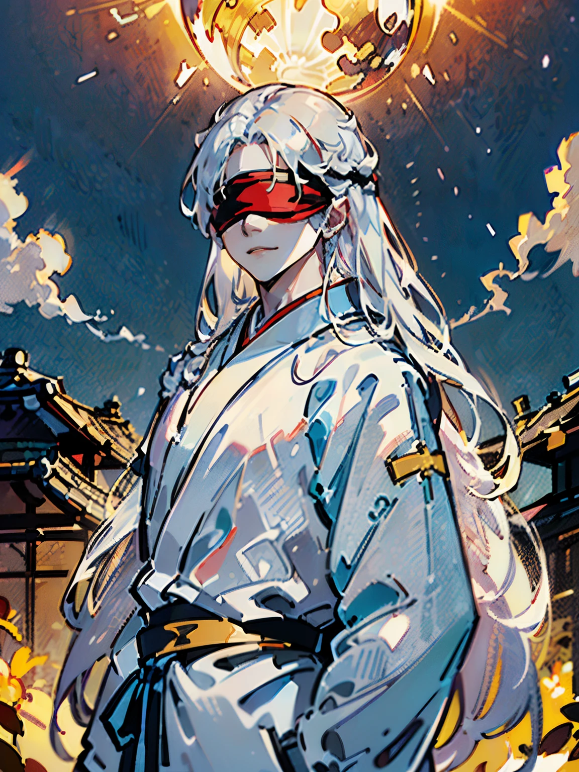 Anime - stylistic image of a man with long white hair and four eyes on his face, A man with white long hair stands half-turned and looks at the camera, ((tmasterpiece)), ((beste-Qualit, hight resolution, ultradetailed), bright colours, ((((1 male)))), Male character, grown up, tall muscular guy, wide shoulders, Strong Character, Fantasy, dnd, person, albino, ((Blindfold)), face mask, closed face, The Albino Man, Pure White Long Hair, White long hair (hair above one eye), (big hair), white colored hair, slick hair, straight hair, Creating an atmospheric atmosphere, pale skin, macabre, Gloomy design, Has red smoke and aura, eldritch, Creepy, nightmarish, light around the head, Additional lighting, Against the background of the sky, Beautiful and harmonious scene, Exquisite animation, Rich Details, hiquality, 4K clarity, 4K Art Wallpaper, Stunning Anime Landscape, 8K Artistic Wallpaper, Anime - style of a beautiful sky scene with a star and planet, cosmic sky. makoto sinkai, Anime Art Wallpapers 4K, in a white kimono, looks at the viewer, canny smile, smirk, muscular back, Men's Back, white-haired god, White Silk Clothing, Gold Pattern