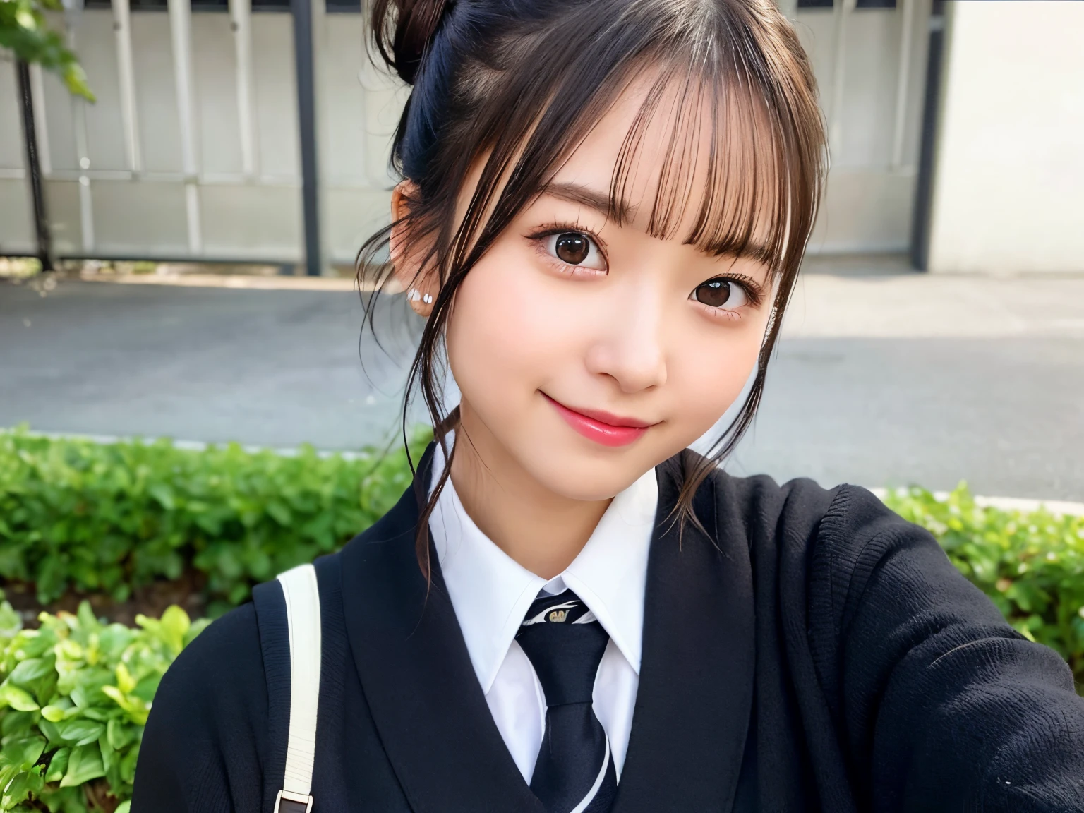 (masutepiece:1.3),(hight resolution:1.1),Real Taste,professional photo very beautiful realistic girl:1.2),kawaii,Solo,(Leaning forward:1.3),half updo,(Soft Saturation:1.3),
(Super detailed and beautiful face:1.3),(Symmetrical black eyes:1.3),Natural makeup,(Various smiles:1.2),
(beautifuly detailed school uniform:1.1),(cleavage:0.9),A clear day,Shop Street,Professional Lighting,Available light,