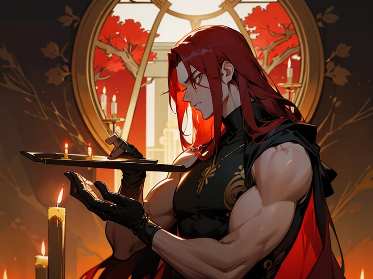 male, Odin, Long red hair, golden horn on the right side of the head, black sleeveless turtleneck, black gloves with gold patterns on hands, Red haori, red threads, red eyebrows, muscular, Golden light from behind, A lot of gold. items in the interior, branches with red flowers, Open window, Lit candles, a beautiful background