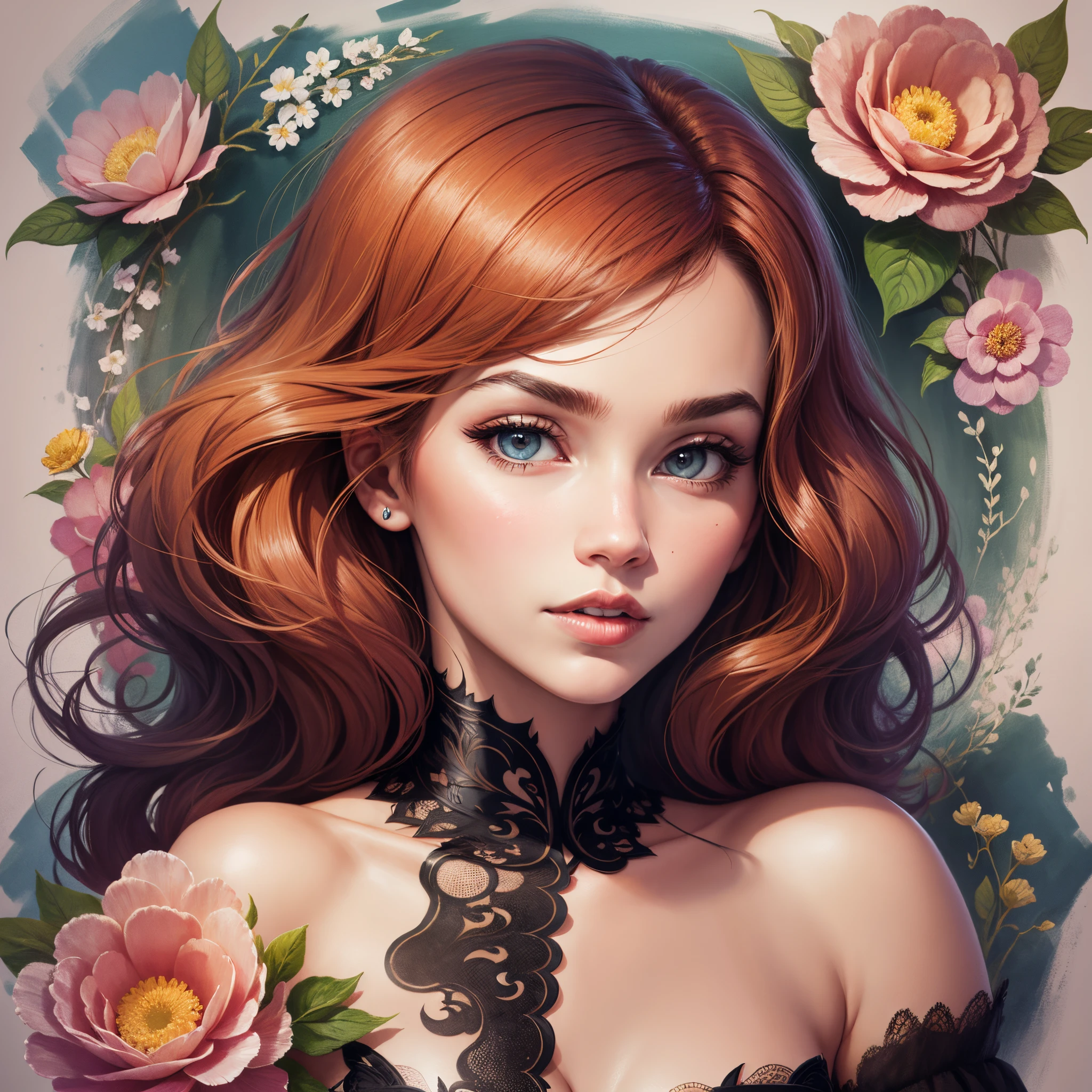Hair, gouache, ink, line sketch, Fauvism style, Black Widow, Vintage, flowers, perfect face, graceful features, delicate, exquisite workmanship, 16k resolution, ultra HD, award winning work --auto --s2
