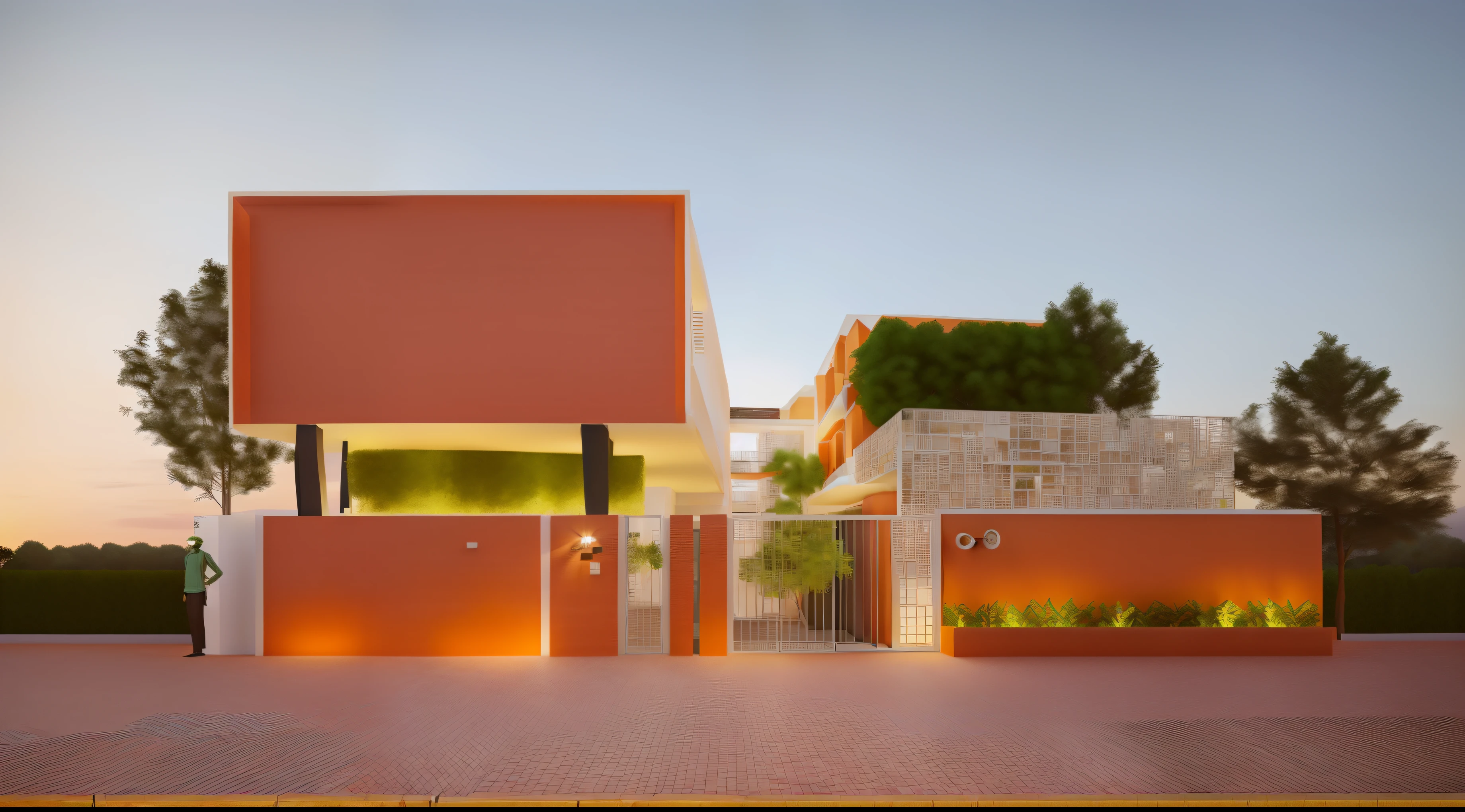 ((2-storey apartment for rent, modern style, terracotta tile facade)), decorative trees, high quality, realistic photos, (best rendering), evening, yellow light in the house