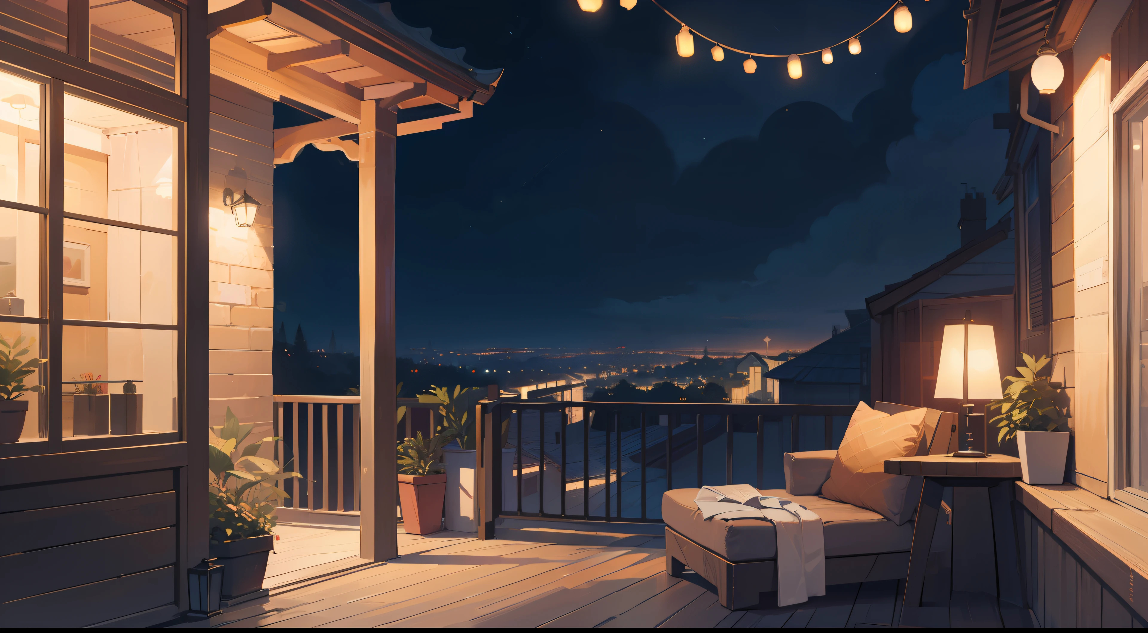 (tmasterpiece), (Best quality at best), 超高分辨率, Focus sharp, Warm pastel tones, Beautiful house balcony, (in cozy night time:1.3), lindo cenario, detailed interior