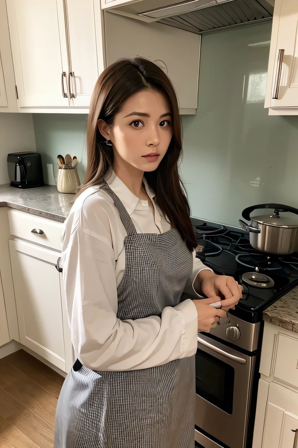 Housewife in the kitchen，frontal photos，Looks very temperamental